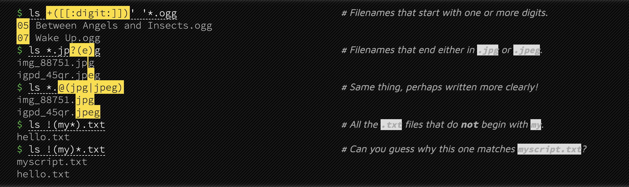 !(my)* get expand because of * is outside !(), which makes it expland another whole pathname